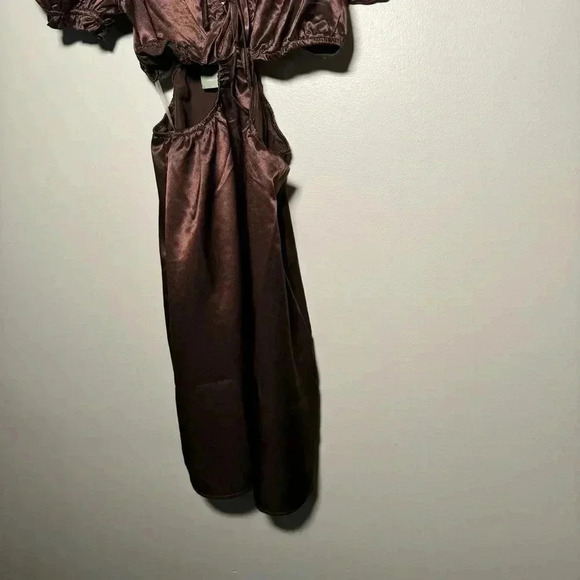 NWT H&M satin puff sleeve mocha brown mini  dress S - Picture 5 of 6
